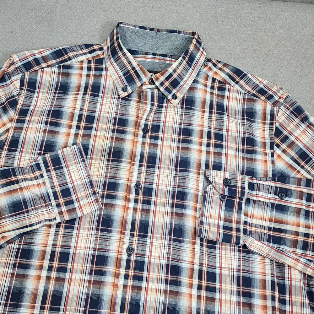 Johnston & Murphy Button Down Shirt Navy Orange Plaid Cotton Mens Size Medium